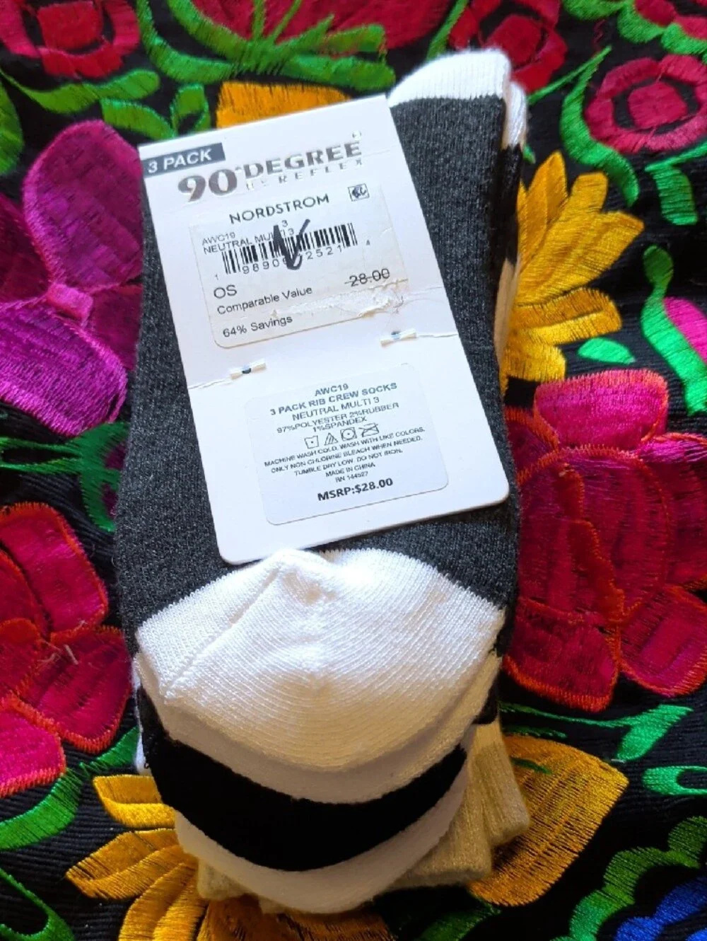 90 Degree By Reflex Women's Rib Crew Socks - Gray, Black, White (3 Pack)